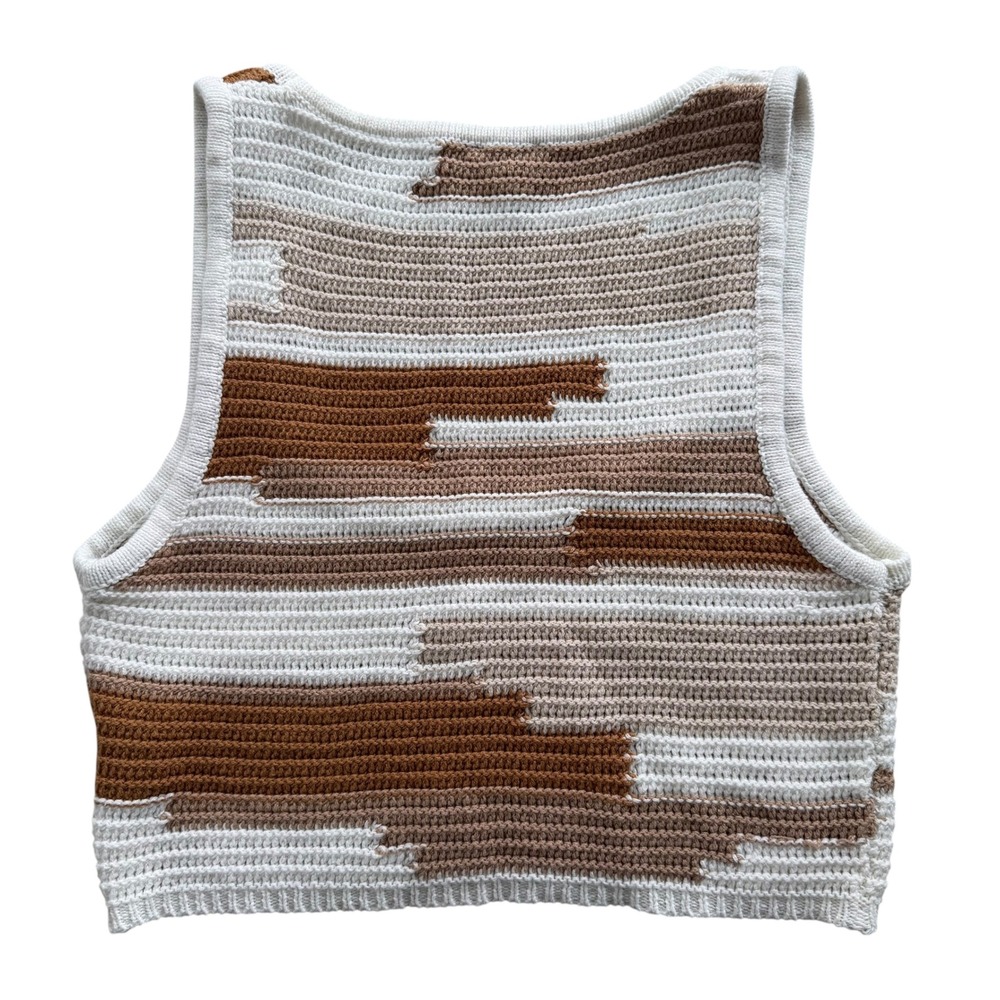 Le Lis Collection Women's S Tan Brown Abstract Stripe Crochet Knit Crop Tank Top - Picture 2 of 10